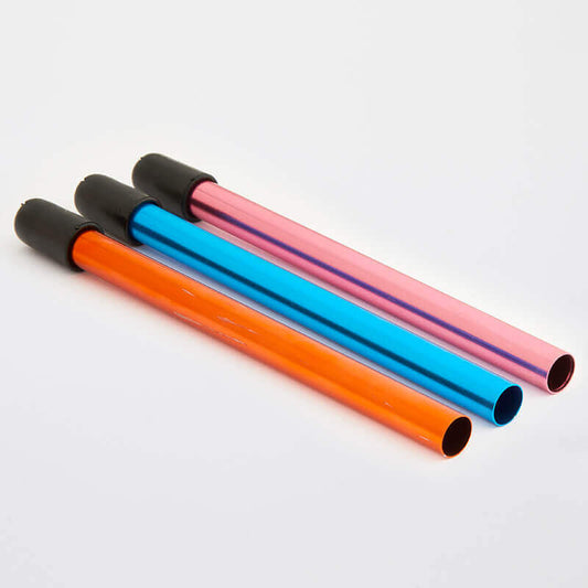 3 Circular needle protectors. Metal tubes in pink, blue and orange with black rubber caps on one end.