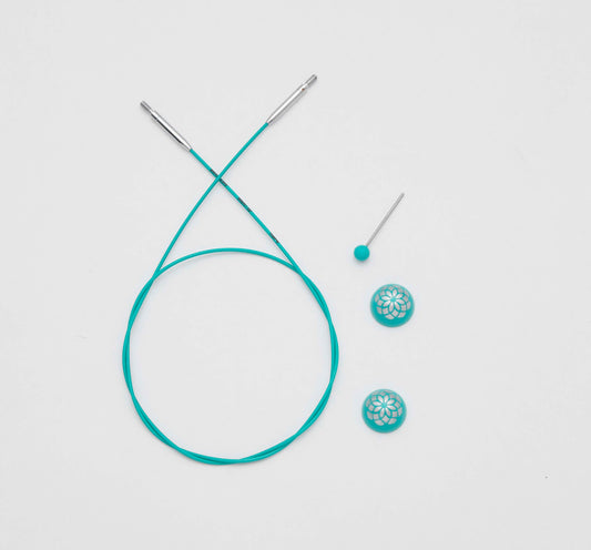 Teal coloured Knit Pro cables