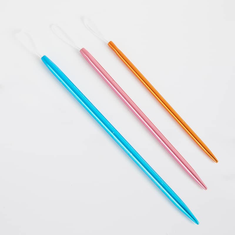 KnitPro Wool Needles in 3 sizes; small (orange), medium (pink) and large (blue)