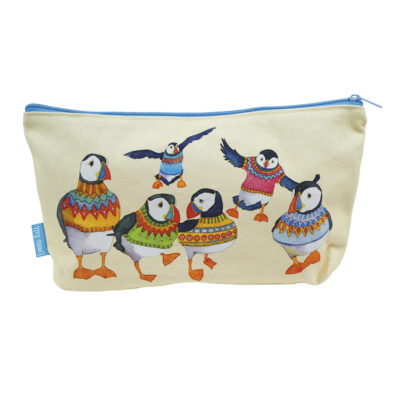 Woolly Puffins Zipped Pouches on cream background and medium blue zip.