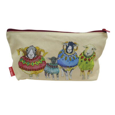 Sheep in Sweaters Zipped Pouch on cream background and red zip.