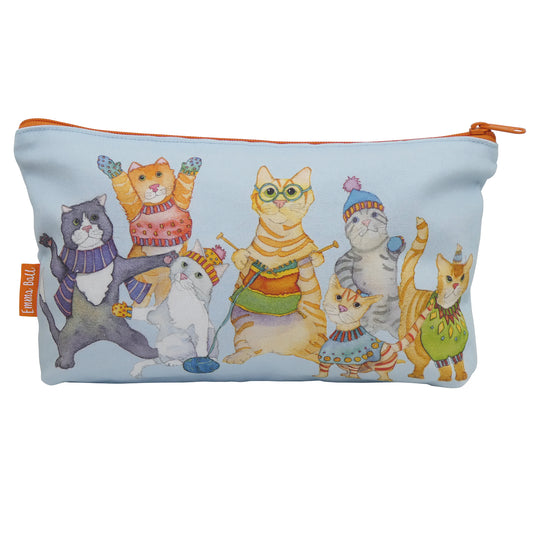 Kittens In Mittens Zipped Pouch on pale blue background with orange zip.