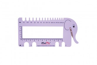 Knitting Needle and Crochet Gauge with Yarn Cutter. Lilac coloured, with elephant design. Rectangular shaped.
