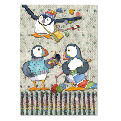 Cover of Project book with Woolly Puffins design on knitted pattern background.