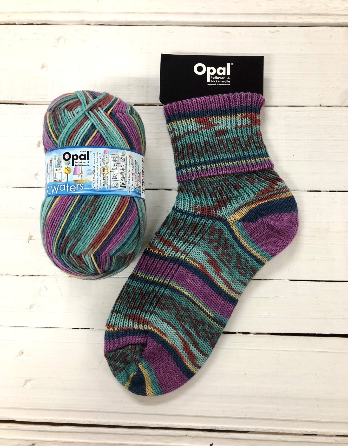 11310 - Purple, teal, dark blue, maroon and pastel yellow self-striping sock
