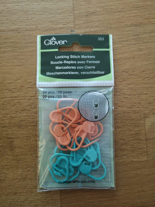 Lock type stitch markers. 20 pieces in 2 colours, turquoise and orange