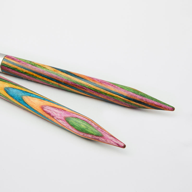 KnitPro Symfonie Interchangeable Tips. Classic rainbow wood needle with steel attachments