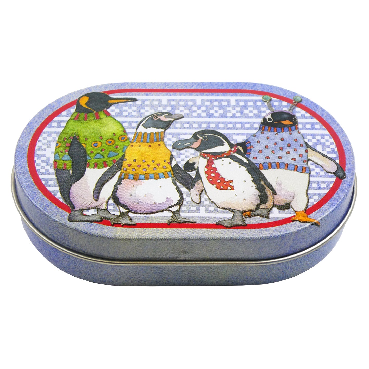 Light blue oval tine with Penguins in Pullovers design on lid.