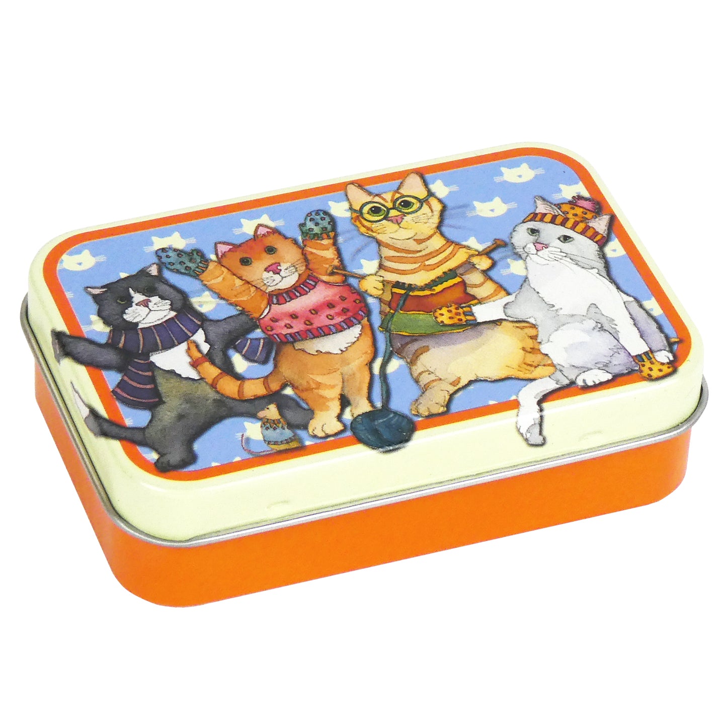Rectangular tin with kittens in mittens design on blue background. Edge of top is cream and bottom half is orange. 