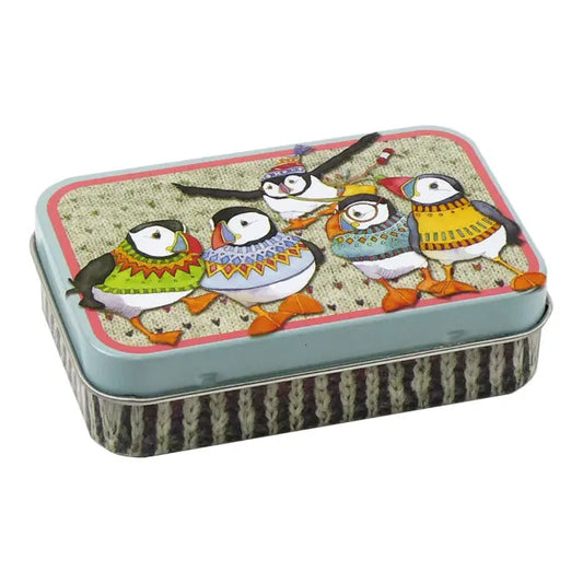 Rectangular tin with Woolly Puffins design on top and knitted stripes design on the bottom half.