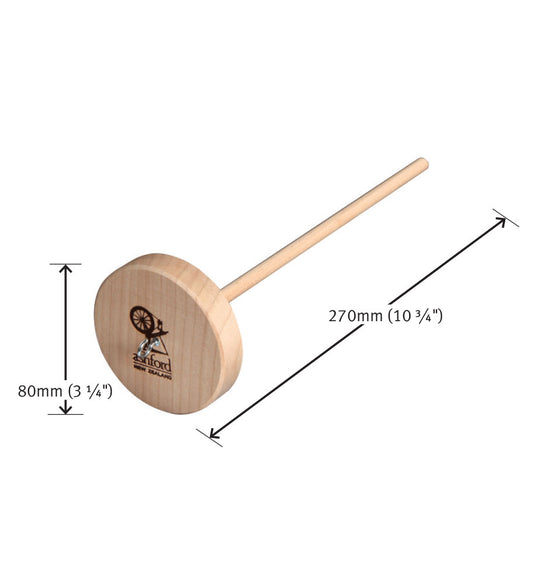 A picture of the Ashford Drop Spindle. Light-coloured, wooden short cylinder with a hook on one side and the spindle sticking out the other end. Measurements read: 80mm diameter and 270mm long. 