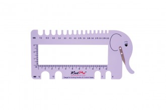 Knitting Needle and Crochet Gauge with Yarn Cutter. Lilac coloured, with elephant design. Rectangular shaped. 