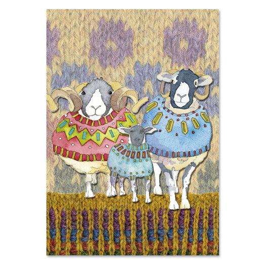 Project Book with Sheep in Sweaters on knitted pattern background.  